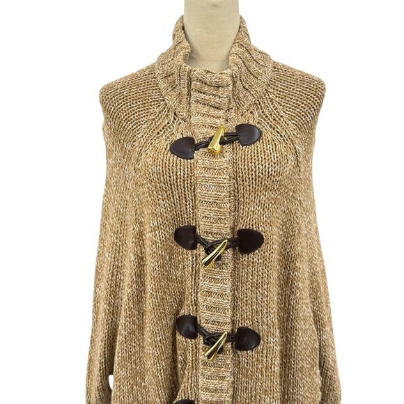 MICHAEL Michael Kors Tan White Chunky Knit Toggle Zipper Poncho Cardigan Sweater - Picture 7 of 13